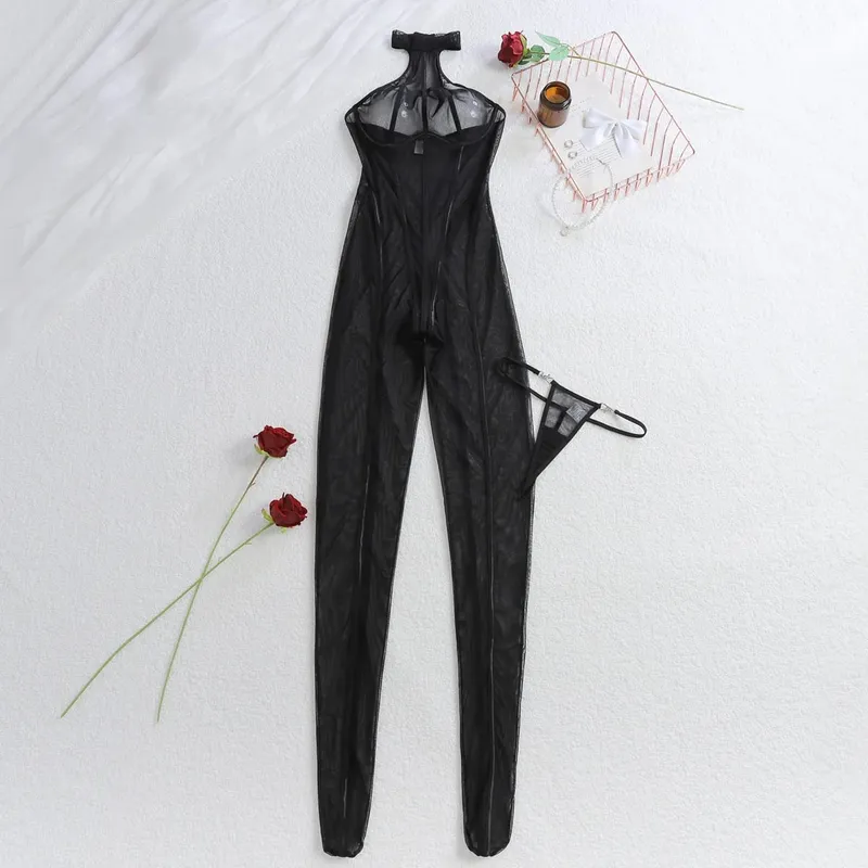 Fashionable slimming vertical stripe 2025 black silk see through sheer slim fit and sexy hanging neck jumpsuit