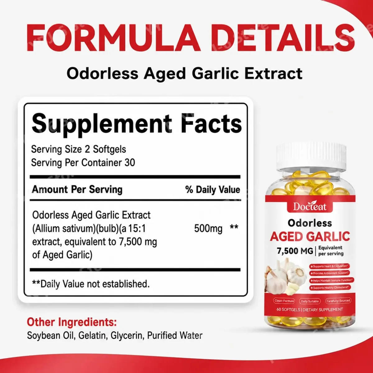 Odorless Aged Garlic Extract 7500mg Equivalent 60 Softgels - Immune Support Heart Health Antioxidant Supplement for Adults