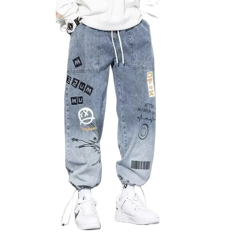 Korean Clothing Men Letter Printed Jeans High Waisted Baggy Jeans Cartoon Graffiti Hip-Hop Pants Blue Jeans