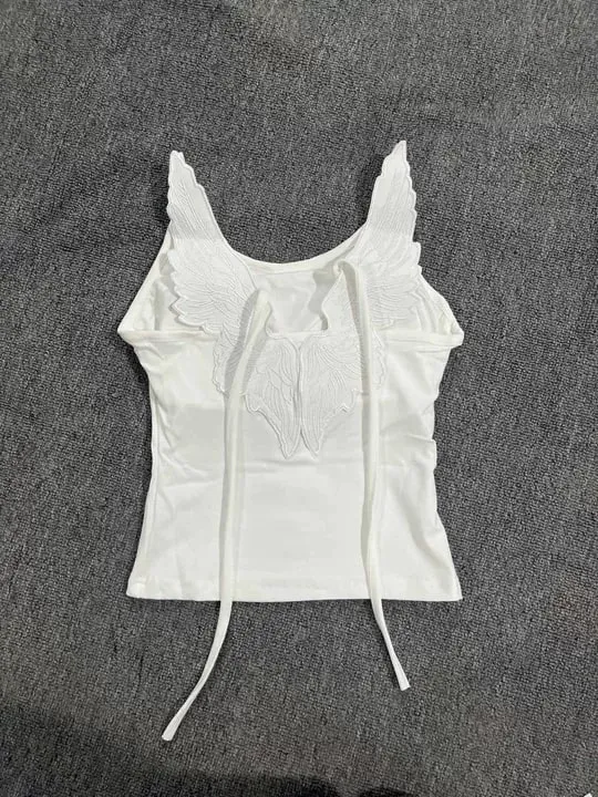 White Angle Wings Embroidered Camis Y2K Sexy Sleeveless Backless Bow-Tie Straps Slim Vest Woman Summer Tank Top
