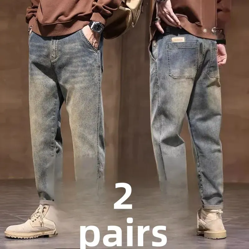 Spring Summer New Retro Men's Jeans Straight Leg Elastic Casual Versatile Classic Mid-Rise Long Pants Comfortable Fit