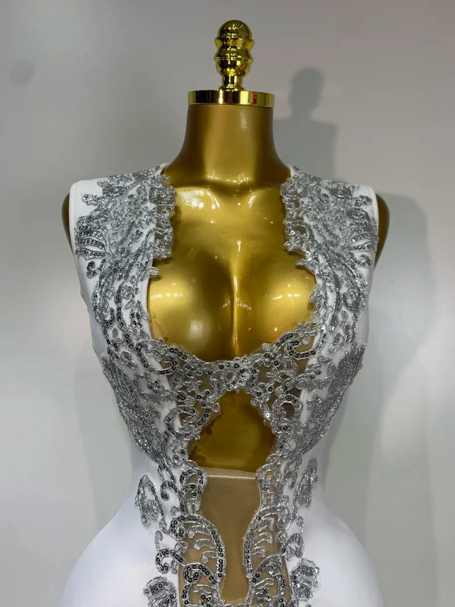 Kobiety 2025 seksowny dekolt w serek wycięty krótka bandażowa sukienka srebrne cekiny biały elegancki luksusowy urodziny klub na wesele Vestidos