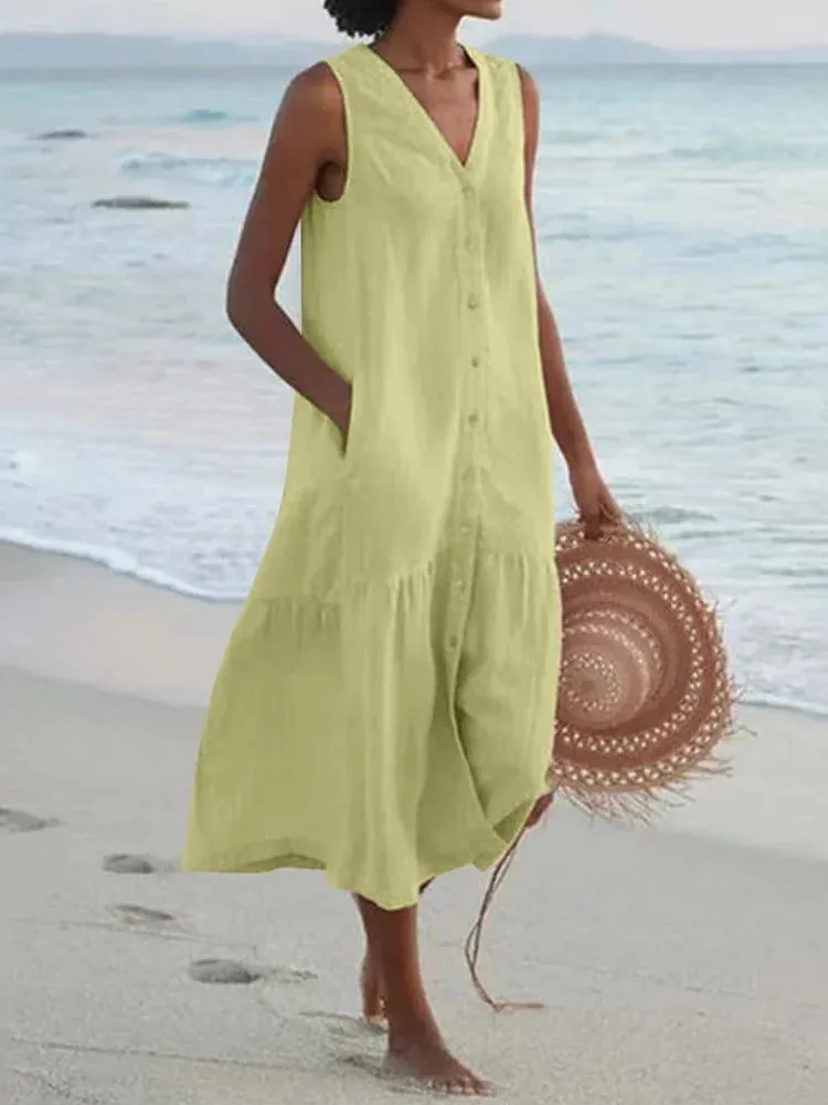 Summer Loose Casual Patchwork Cotton Linen Pocktes Dress V Neck Beach Style Dress Sleeveless Vintage Club Midi Solid Women Dress — image 3
