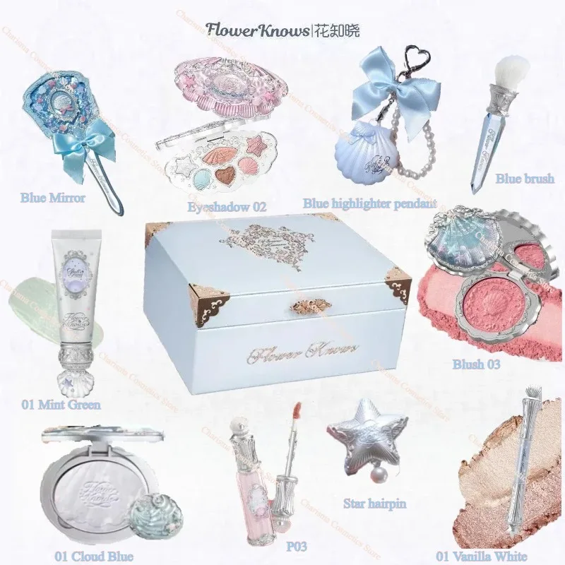 Flower Knows Shells Pearl Eyeshadow Essence Lip Honey Blush Cheek Makeup Front 11 pieces set