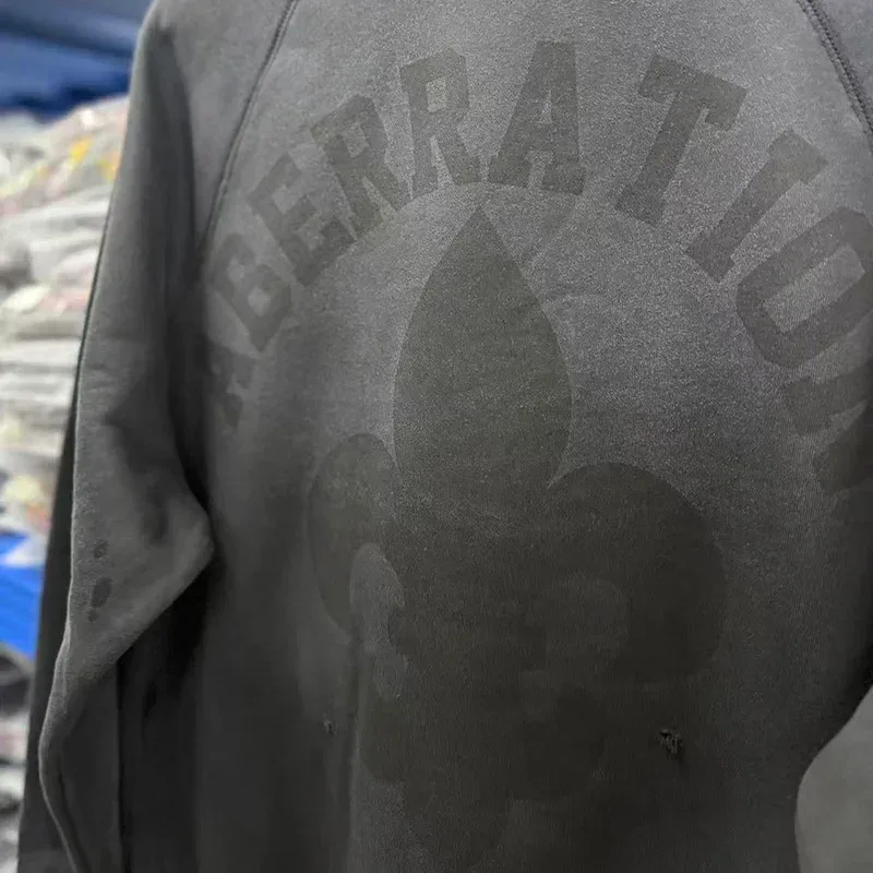 Heavy Fabric Cotton Oversized Patchwork Saint Sweatshirts Men Women Vintage Washed Carbon Gray Splash-Ink Damaged Hole Pullovers