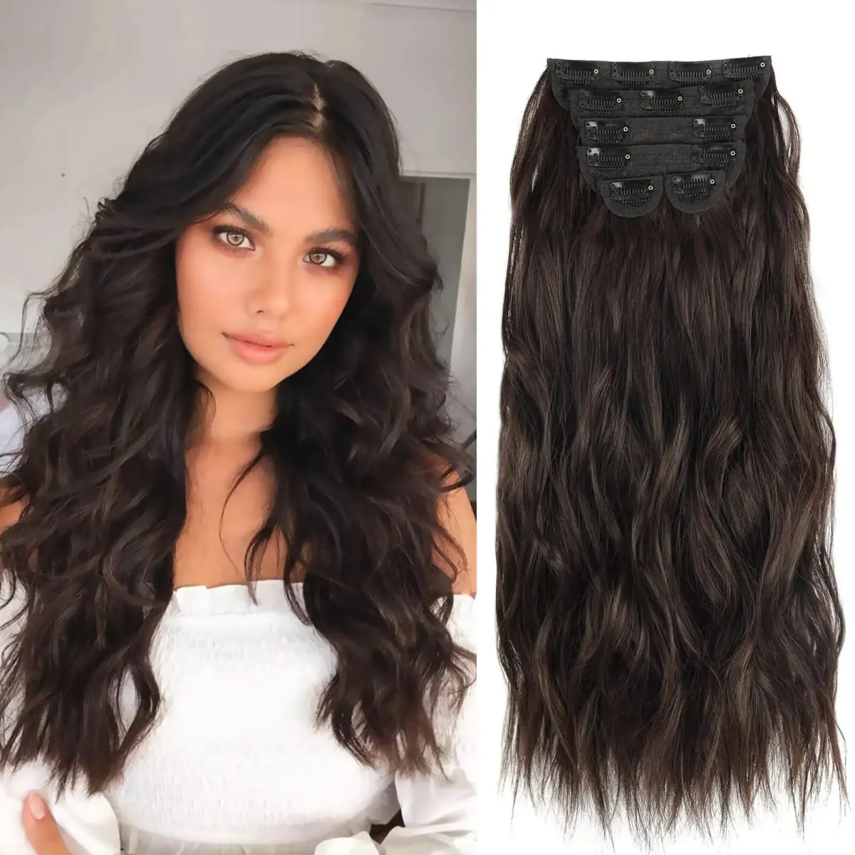 Synthetic Long Wavy Clip In Hair Extensions 20" Thick Hairpiece 6pcs/set For Women Brown Blonde Black Natural Fake Fiber Hair