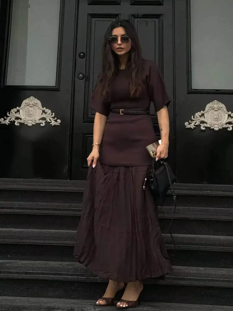 HH kobiety eleganckie pół rękawy O-kołnierz plisowana sukienka wiosna kobieta tylny zamek błyskawiczny łączenie Vintage w stylu Casual, długa sukienka z dzianiny — image 4