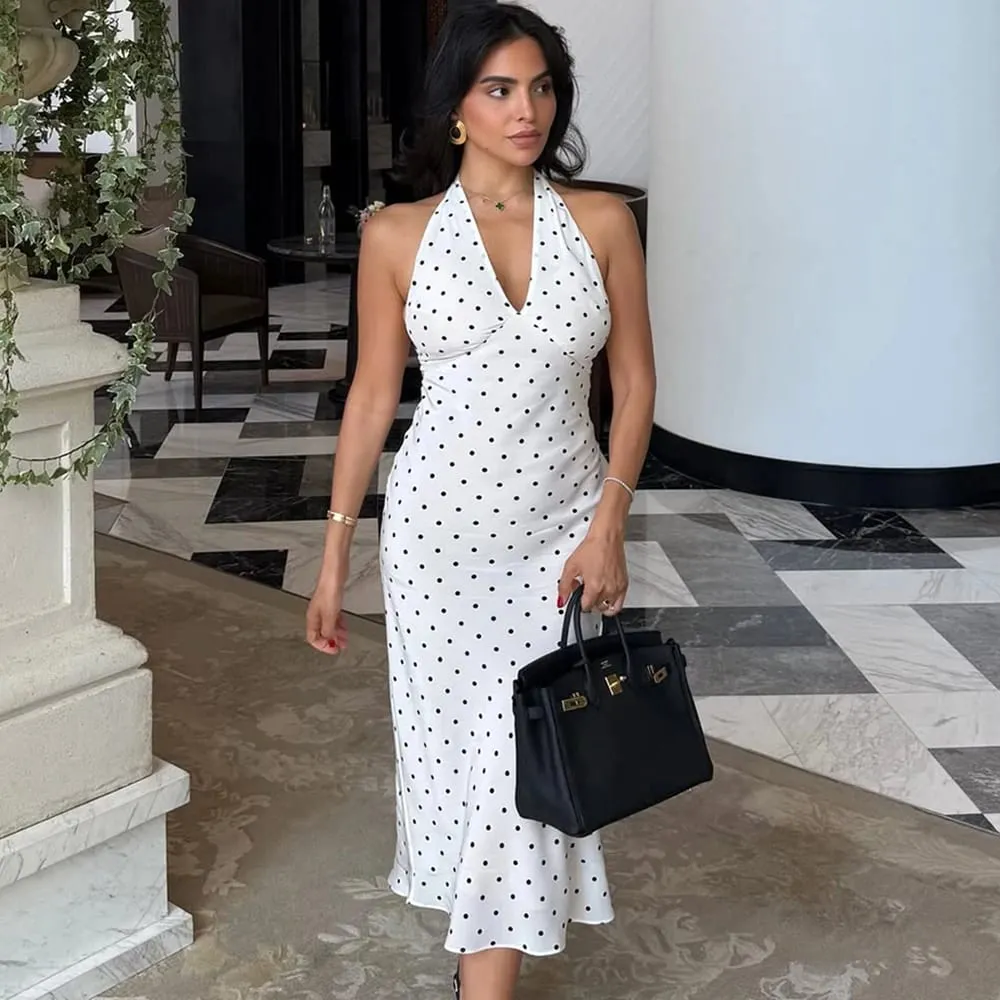 Tuularose Polka Dot Gantung Leher Gaun Panjang Wanita Elegan Tanpa Tali Seksi Lace-up Tanpa Belakang Tanpa Belakang Pakaian Pesta Kelab Fesyen