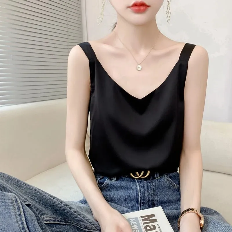 Silk Camisole Ladies Summer Suit Inside V-Neck Satin Bottoming Vest 2025 Thin Loose Sleeveless Sling Silk Tops Small Shirt Trend — image 7