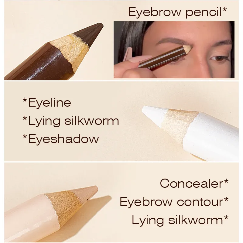 3PCS Wooden Eye Shadow Liner Contour Concealer Pencil Set - White Eyeshadow Eyebrow Contour Concealer Waterproof Makeup Kit