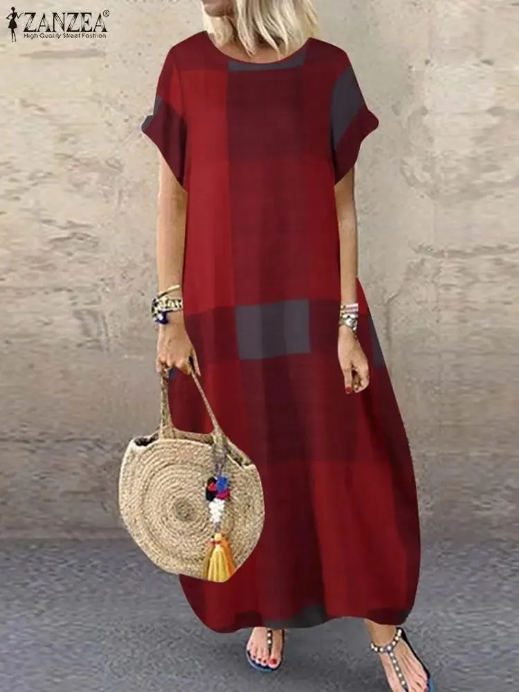 Boêmio xadrez verificado vestido de verão manga curta vestido longo moda férias festa femme casual solto robe 2025