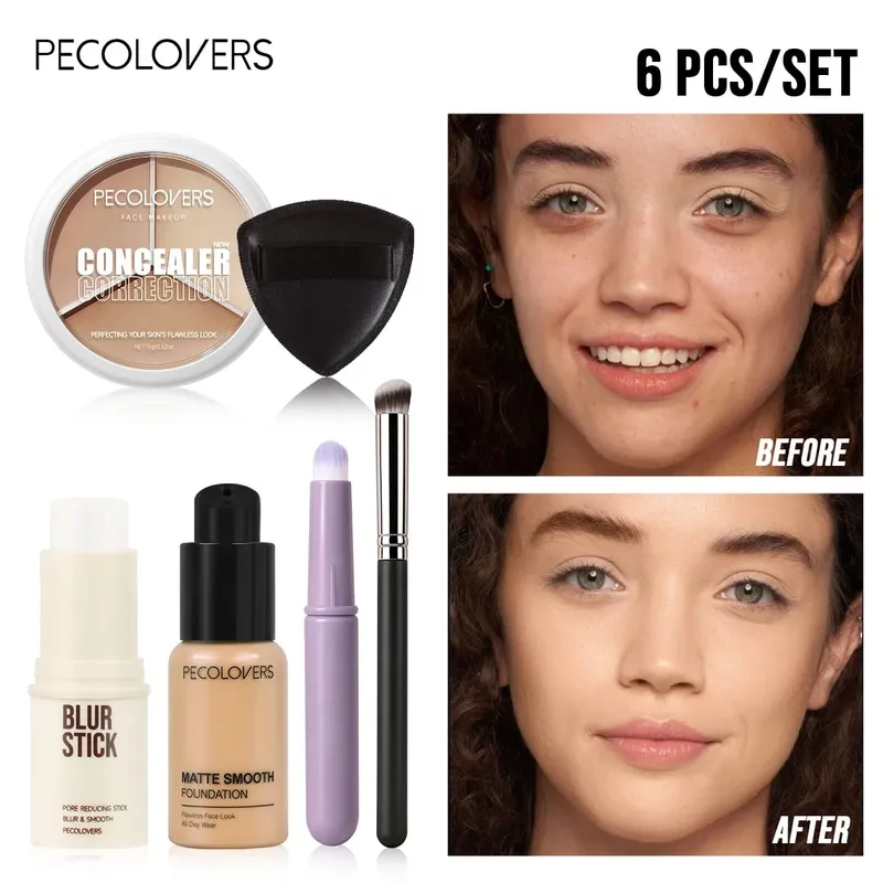6PCS/SET Waterproof Full Coverage Concealer Foundation Primer Stick Concealer Palette Puff Brush Moisturizing Face Concealer