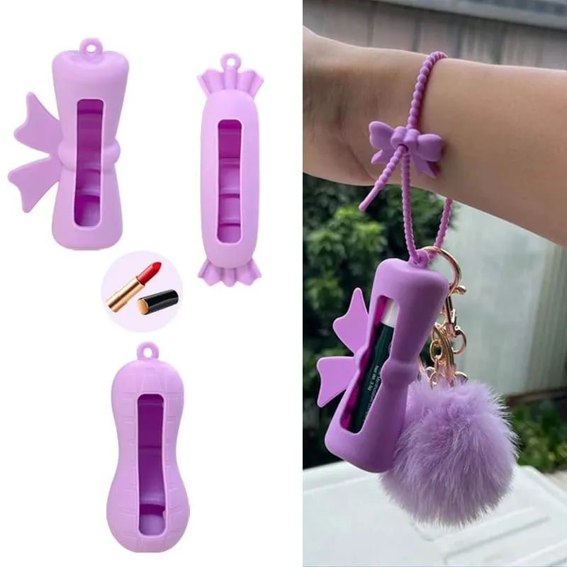New Bow Candy Peanut Shape Silicone Lipstick Cover Keychains Solid Color Lipstick Storage Bag Light Weight Lip Balm Holder
