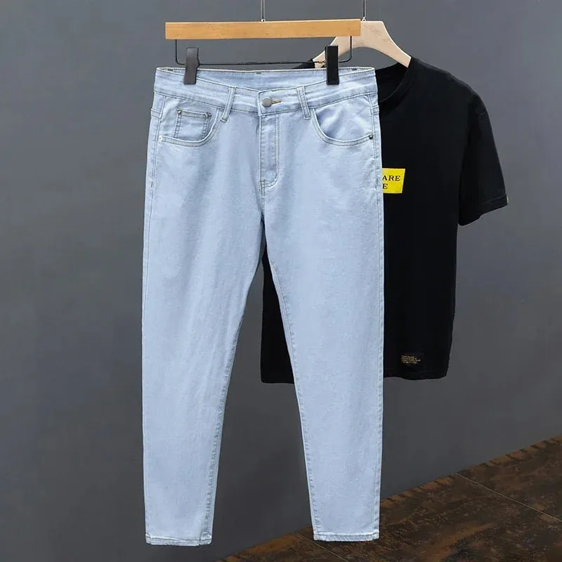 Slim Fit Men's Jeans Spring Summer Thin Cotton Soft Elastic Trendy Ankle Length Pants Straight Korean Simple Denim Trousers
