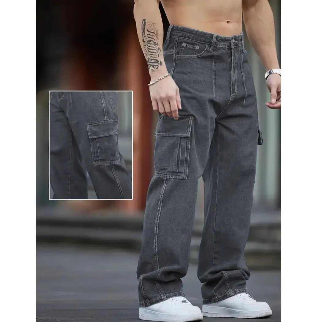 2026 New Arrival Men Cargo Jeans Multi‑Pocket Loose Wide Leg Straight Denim Pants HipHop Street Workwear Trousers