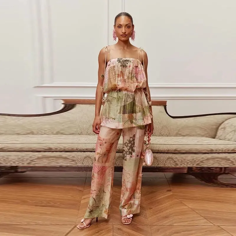 Vintage Women's Printed Beaded Sling Long Dresses Set Lace Up Slit Sleeveless Pleated A-line Dress 2026 Lady Beach Vestidoes
