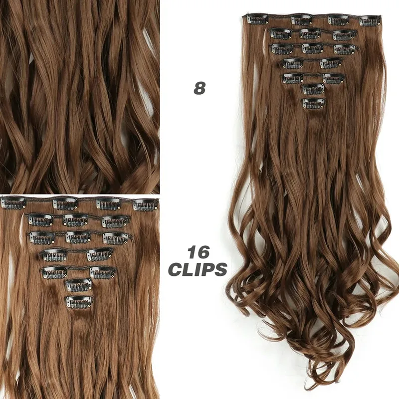 Synthetic 7Pcs/Set 22" Wavy Hairpiece Straight 16 Clips Hair Extensions Heat Resistant Styling False Hair