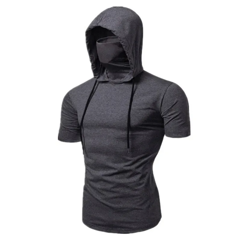 Men New Gym Thin Hoodie Short Sleeve Hoodies With Mask Sweatshirt Casual Splice Large Mask Hoodie Sweatshirt Hooded Tops Cycling