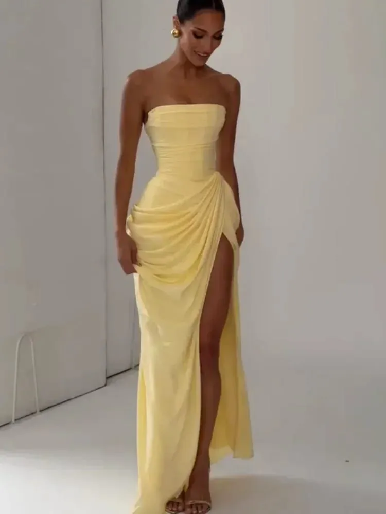 Solid Sexy Pleated Strapless Dress Women Chic Off-shoulder Backless High Waist Split Maxi Dresses 2026 New Evening Party Gown