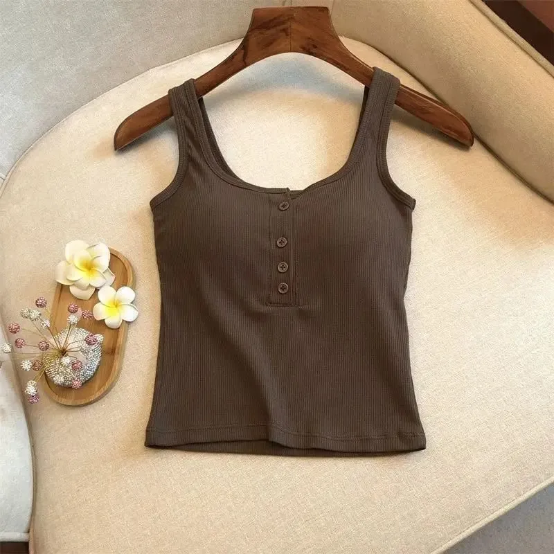 1Pcs Women's Ribbed Henley Tank Top Square Neck Button Front Built-in Bra Sleeveless Camisole