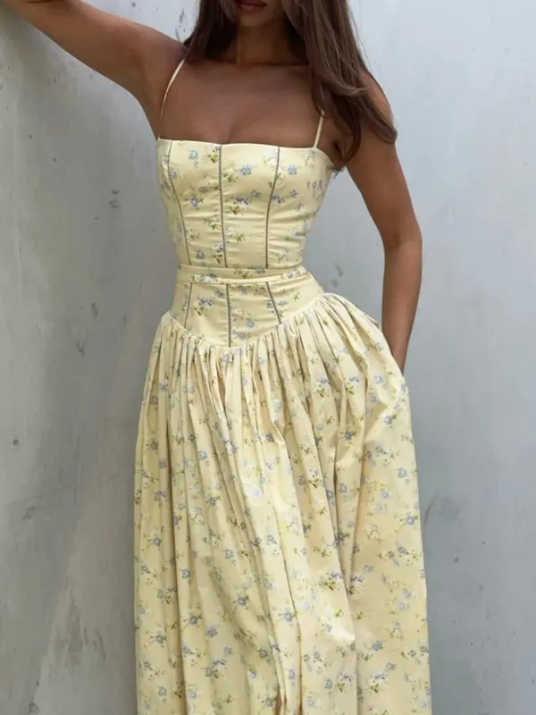Mingmingxi Sommer Floral Print Kleid Elegante 2025 Neuheiten Spaghetti Strap Flare Kleid Maxi Urlaub Party Kleider Frauen