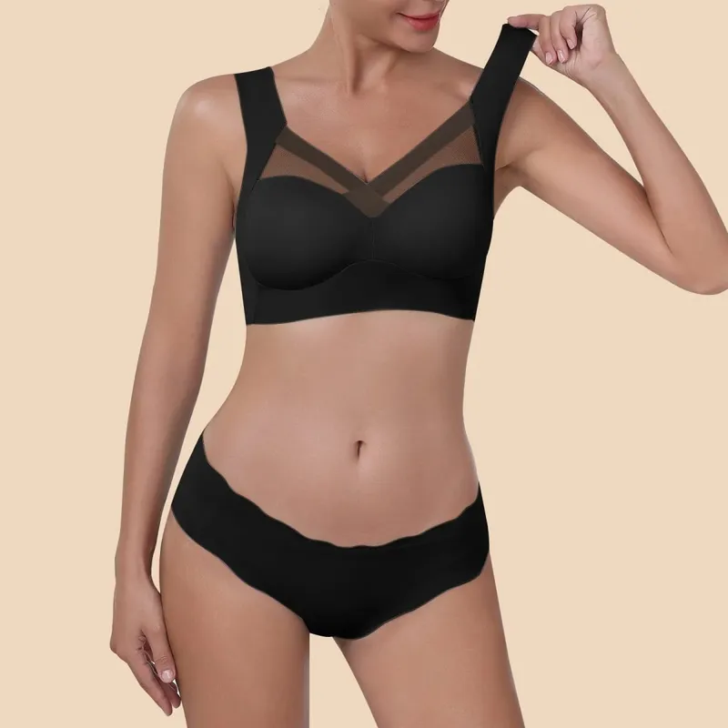 Women Seamless Underwear Set Wireless Ice Silk Thin Back Beauty T Shirt Bra And Smooth Panty Set Solid Color Lingerie Suits