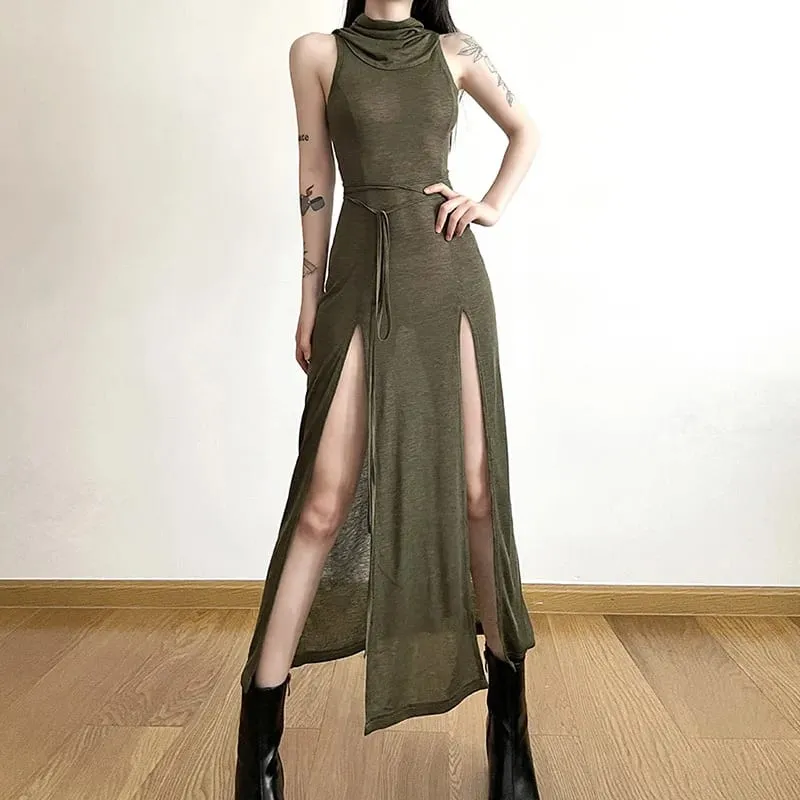 Goth Dark Cyber ​​Gothic Desert Walker Abiti con cappuccio Y2k Punk Grunge Abito longuette scolpito da donna Sexy streetwear solido con spacco laterale