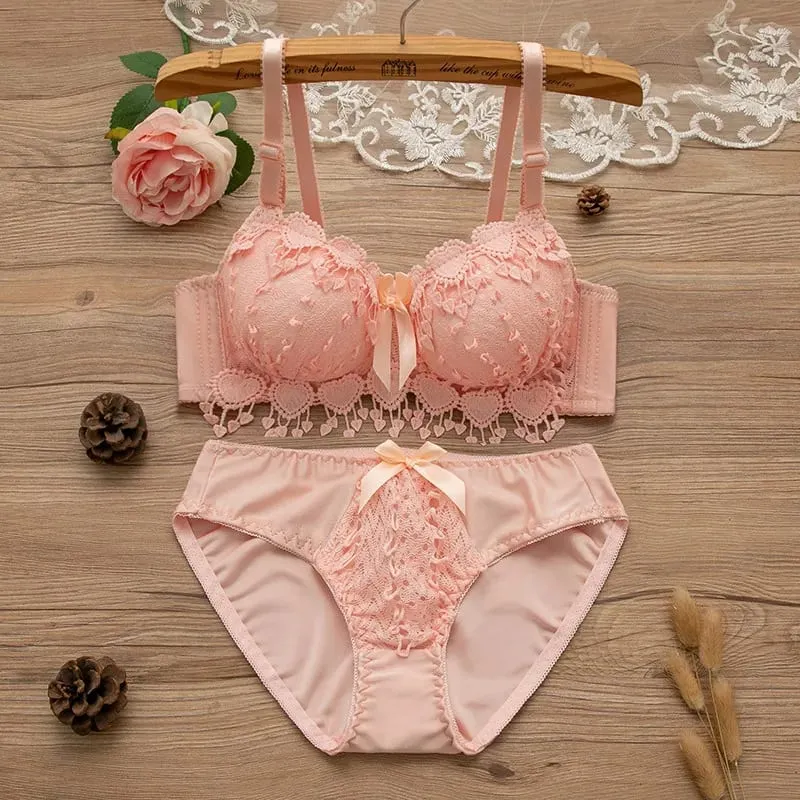 Women Wireless Lingerie Set Tassel Lace Bow Decor Push‑Up Bra & Panty Suit Adjustable Straps Ladies Intimate Underwear 32-38