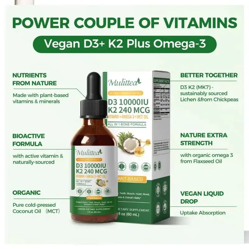 Mulittea Vitamin K2+D3 60ml Drops with Vitamin E & Omega 3 Dietary Supplements Muscle Recovery & Nutrient Absorption
