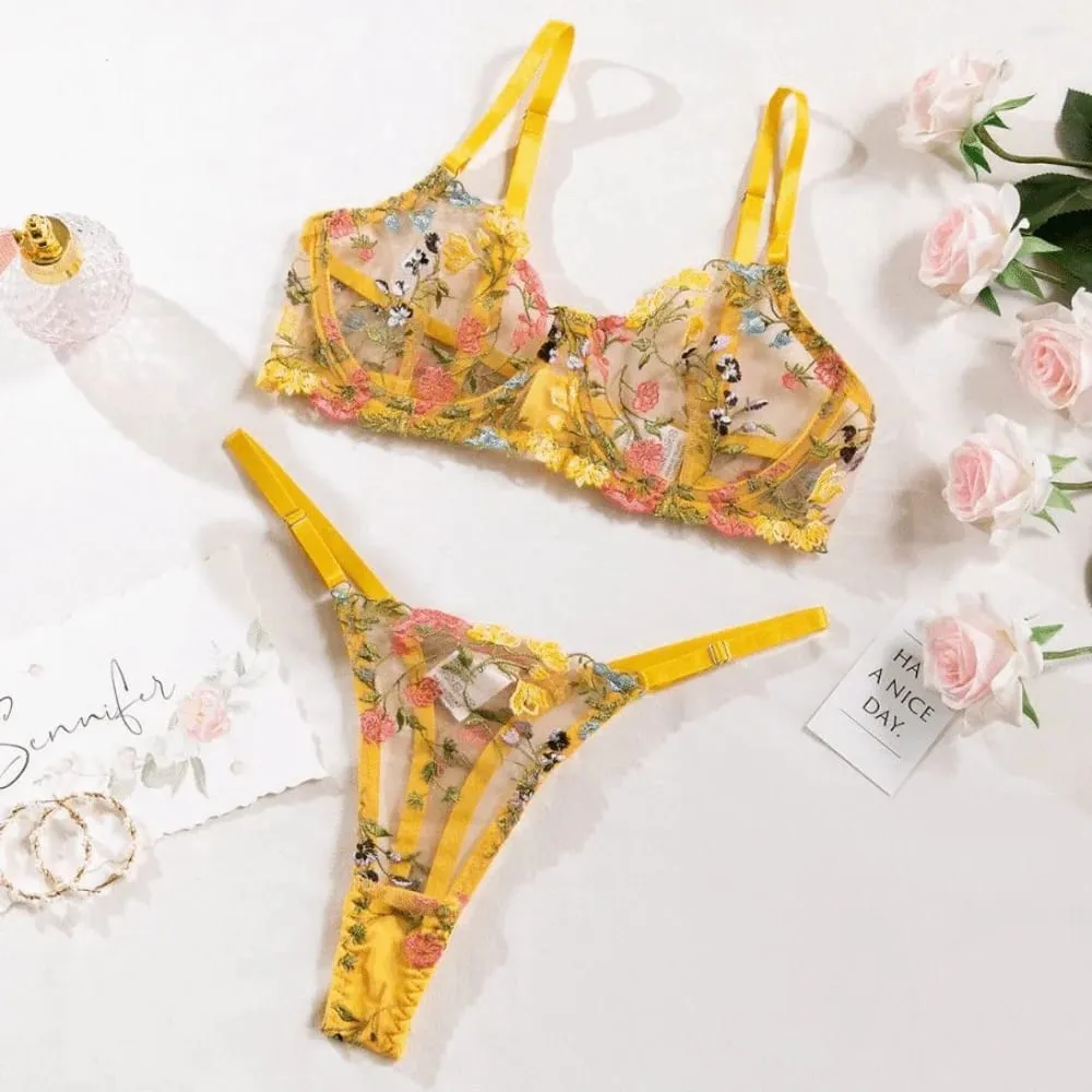 2-Piece Fashion Floral Lingerie Set Embroidery Versatile Underwear Intimates Underwire Push-up Sheer Bra Panty Set For Lady Girl