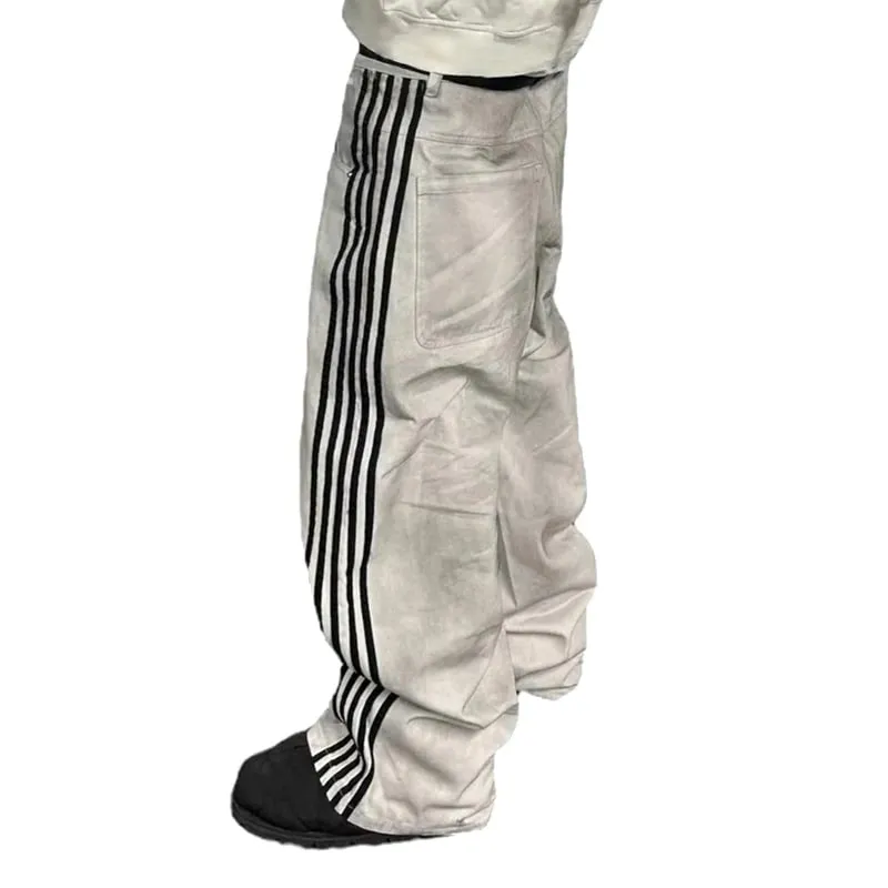Y2K Baggy Jeans Retro Men's Gray Embroidered Striped Harajuku Sweatpants Women Hip Hop Streetwear Old Washed Wide Leg Denim Pant