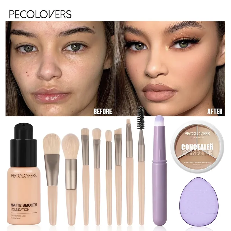 12PCS Face Set Liquid Foundation+concealer+multiple Makeup Tools Uniform Makeup Waterproof and Durable Facial Cosmetics