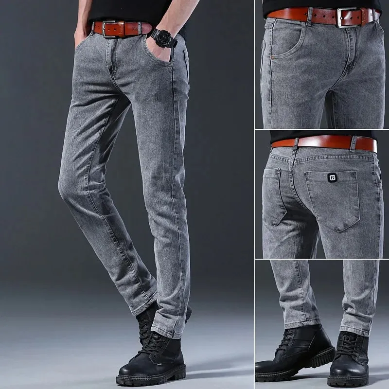 Men's Fashion Letters Denim Pants Slim Straight Gentleman Slacks Fashion European American Style Stretch Men Luxury Jeans Grey
