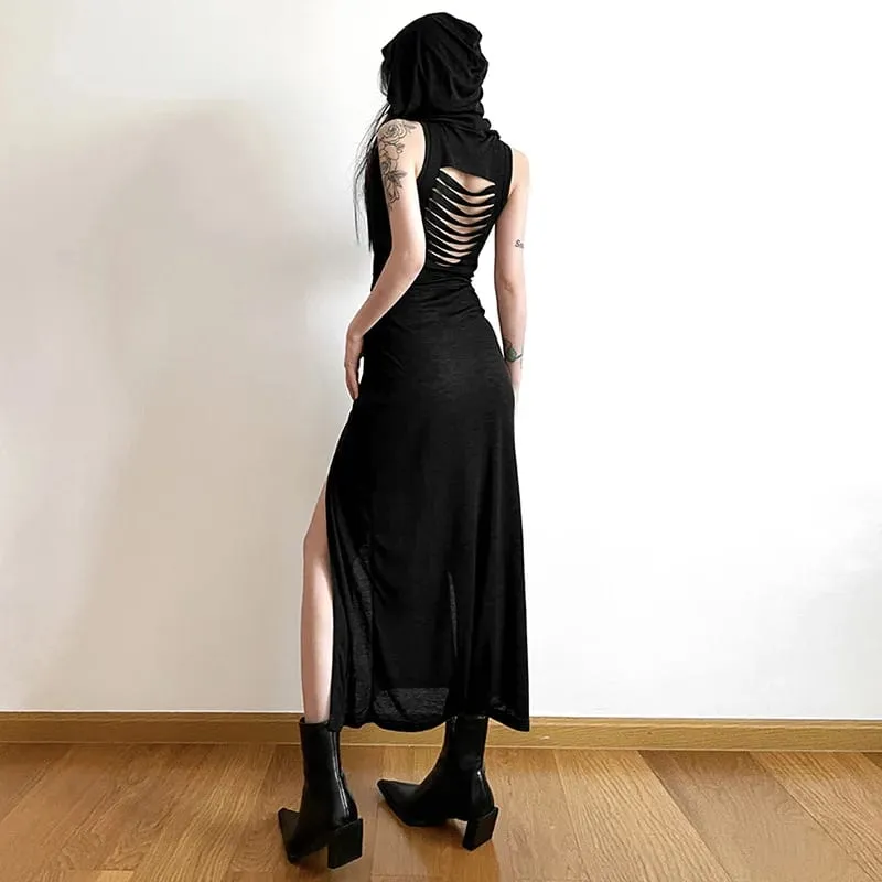 Goth Dark Cyber ​​Gothic Desert Walker Abiti con cappuccio Y2k Punk Grunge Abito longuette scolpito da donna Sexy streetwear solido con spacco laterale