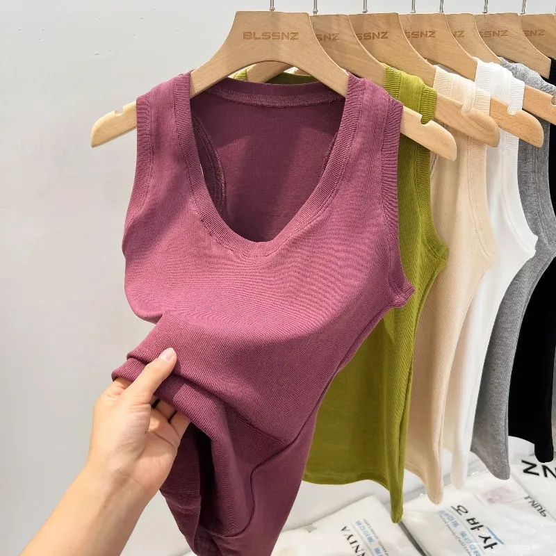 2026 Summer Basic Elastic Tank Top Women Solid Low Round Neck Ribbed Camisole Korean Style Versatile Slim Tanks & Camis
