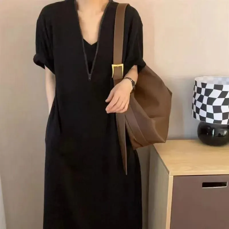 New Women Loose Zip-up Dress Girl Student Plus-size Slimming Long Dress Woman Casual Dress Lady Vacation Commuting Everyday Wear