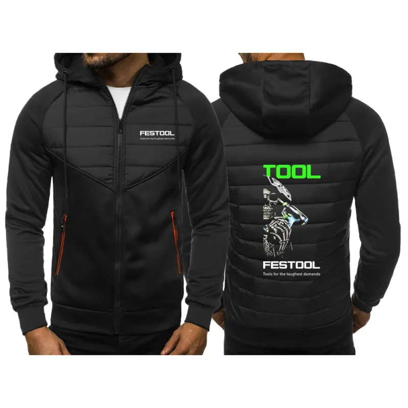 2025 Personality Patchwork Huvtröjor Vår Och Höst Dragkedja Huvkappa Herr Festool Verktyg Grafik Logotyptryck Slim Jacka