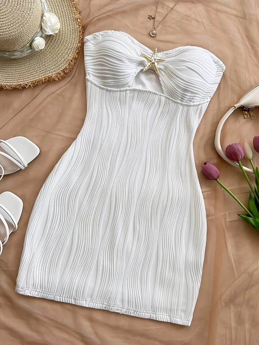Women's Summer Sexy Party Date Beach Dress Texture Hollow out Mini Skirt with Metal Starfish Decoration Fitted And Attractive Wh — image 5