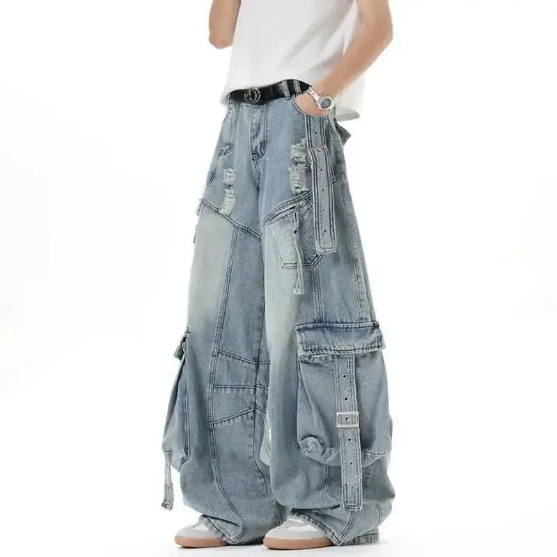 American Style Men's Jeans Solid Color Multi Pockets Casual Worn-out Trousers Deconstruction Wide Leg Denim Pants 9W4066