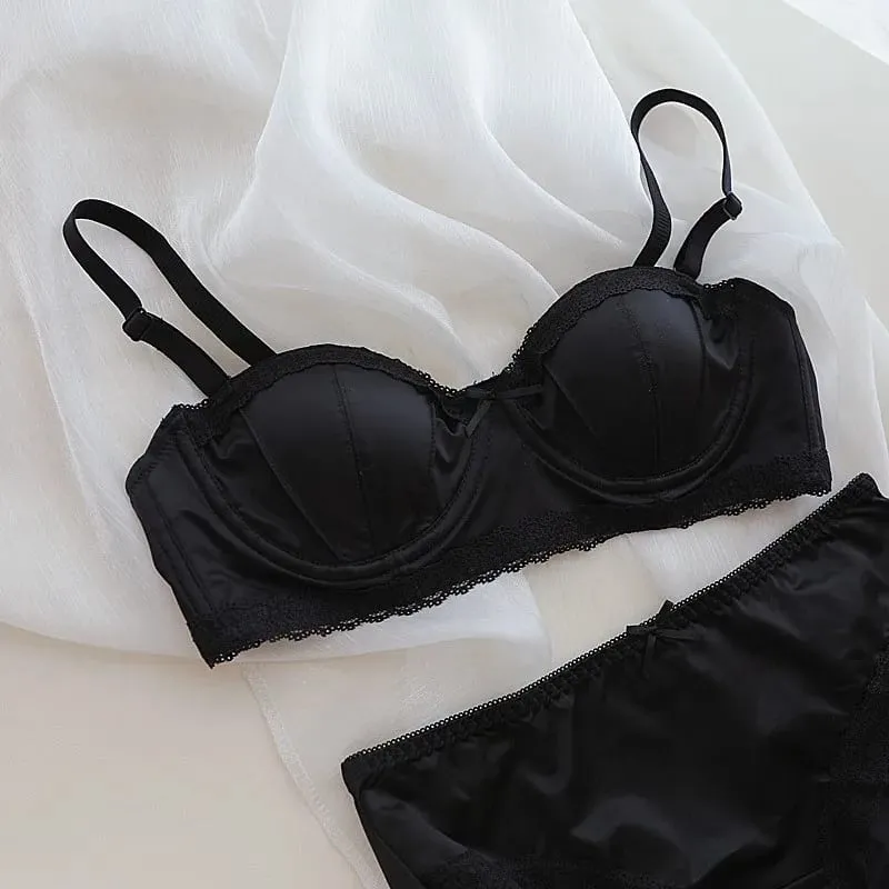 French girly underwire push-up bra Sweet lace edge half cup lingerie women's thin cup with anti-sagging bra set