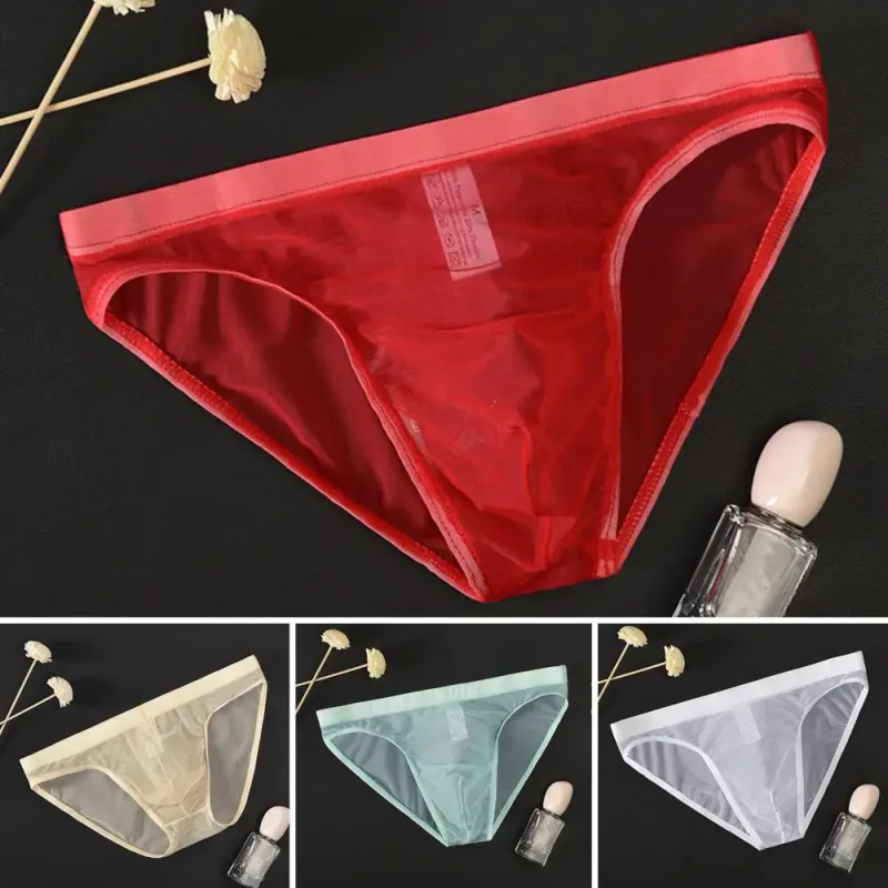 Men Seamless Ice Silk Briefs Low-rise Ultra-Thin See-through Panties Solid Color Quick Drying Underwear