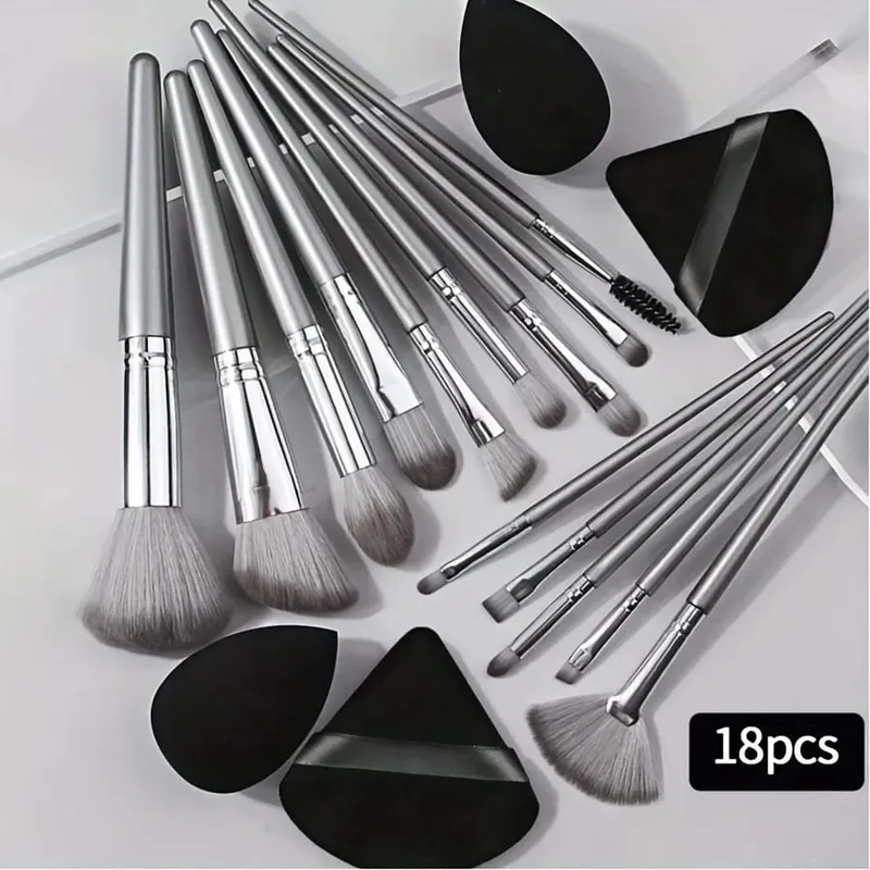 14-Piece Silver Professional Makeup Brush Set | Includes 2 Plush Velvet Puffs + 2 Blending Sponges | Vegan Cruelty-Free Brush Co