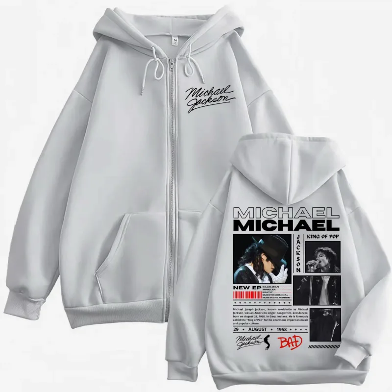 Penyanyi Michael Jackson Klasik Ritsleting Hoodie Rock Fashion Vintage Zip Up Pullover Pria Wanita Kasual Lengan Panjang Kaus — image 6