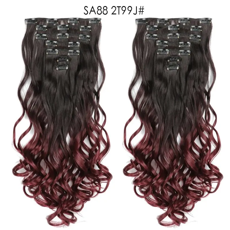 Clip in Long Wavy Synthetic Hair Extension 22 Inch Black 7PCS Thick Hairpieces Fiber Double Weft Hair for Women