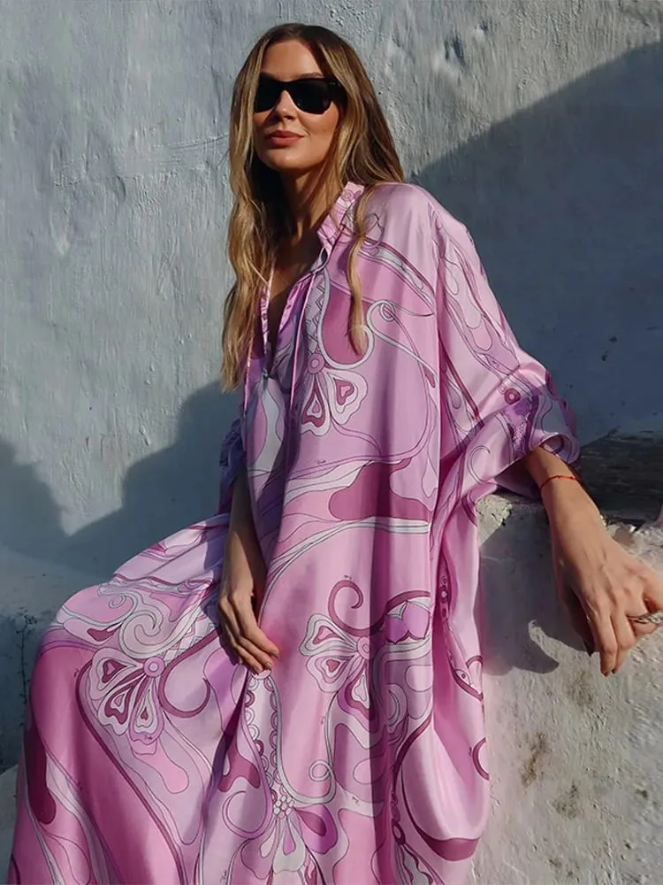 Oversized Women's Print Kaftan Maxi Dress With Pink Pattern Loose Fit Full Sleeve Long Dresses Summer Beach Vacation Outfit Robe