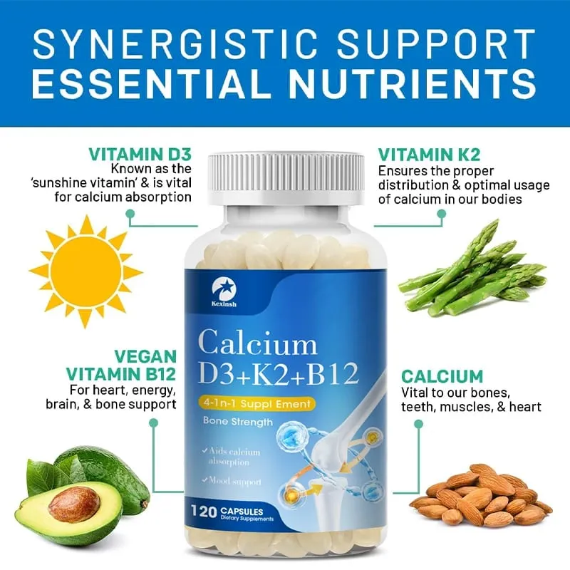 Kexinsh Vitamin D3K2 Capsules Vb12 Calcium Support Calcium Absorption Bone Teeth Heart Brain Health Joints Immune Function