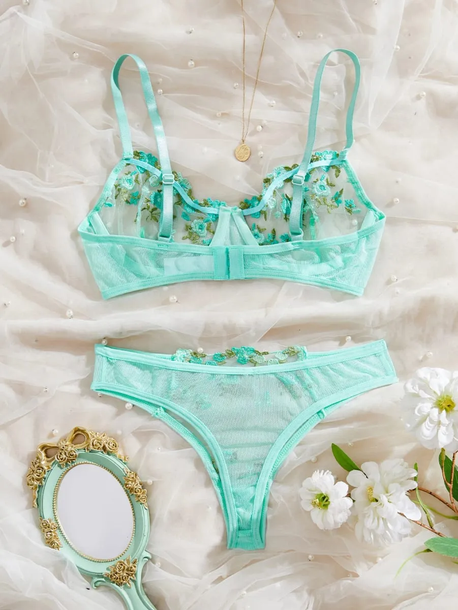 Womens Embroidered Bralette And Panty Set Floral Design Soft Stretch Fabric Comfortable Everyday Underwear