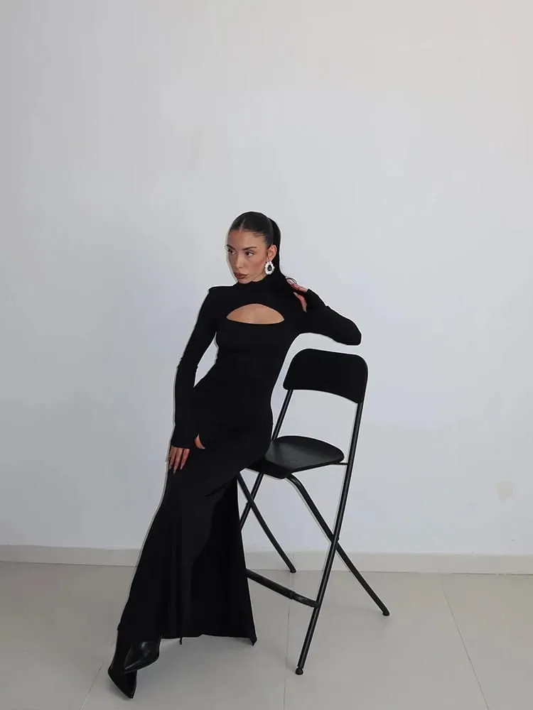 Ahagaga Guaina sexy Abiti maxi da donna Dolcevita solido Maniche lunghe regolari Scava fuori Vestibilità aderente Abiti da festa Vestaglie