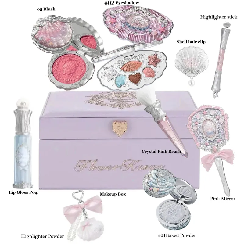 Flowerknows Shell Jewelry Gift Set Makeup Kit Full Professional Lip Gloss Highlighter Blush Baked Powder 10pcs Kits