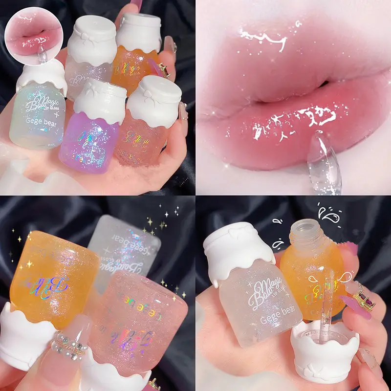 Gege Bear Butterfly Knot Lip Gloss Moisturizing Hydrating Mirror Shine Sparkling Non-Stick Cup Lipstick Beauty Makeup